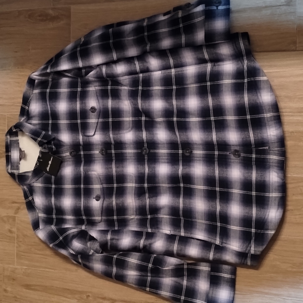 Eddie Bauer faux Shearling lined flannel button up shirt jacket. Sz med